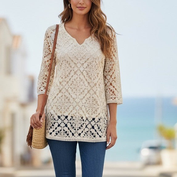 J.McLaughlin Ivory Lace Tunic Top Cotton Blend V-Neck Womens Medium