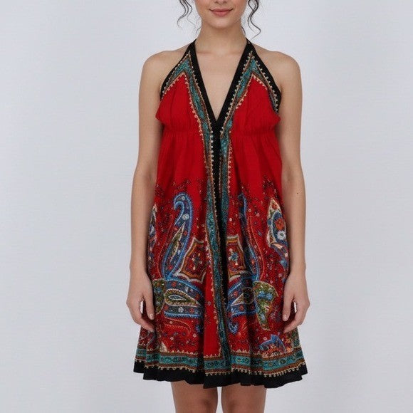Advance Red Paisley Halter Dress Free Size Boho Festival Beach Vacation