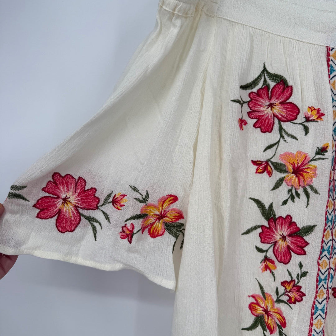 Umgee Off Shoulder Embroidered Floral Tunic Top Blouse Women's Size Medium Cream