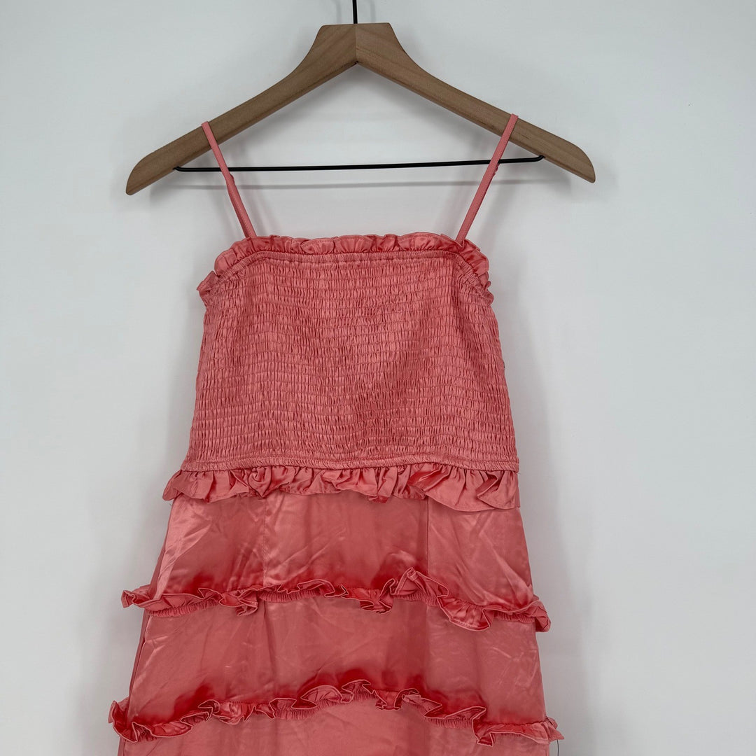 Lulus Sincerely Fabulous Peach Pink Satin Smocked Ruffled Maxi Dress Size M