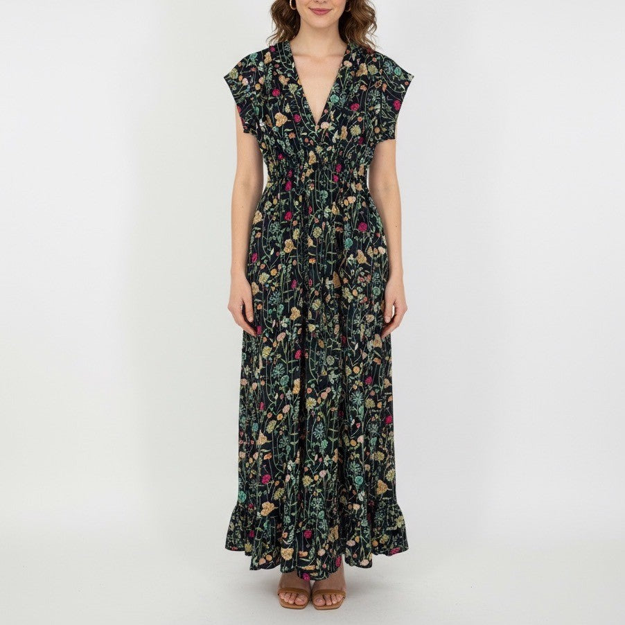 BETINA Floral Print Maxi Dress Deep V Neck Smocked Waist Tie Back Navy