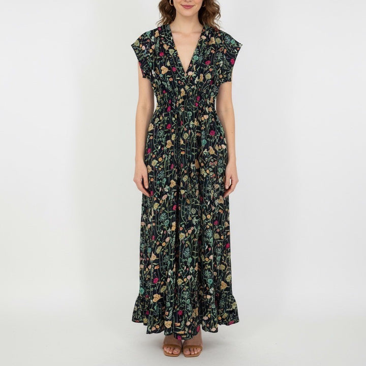 BETINA Floral Print Maxi Dress Deep V Neck Smocked Waist Tie Back Navy
