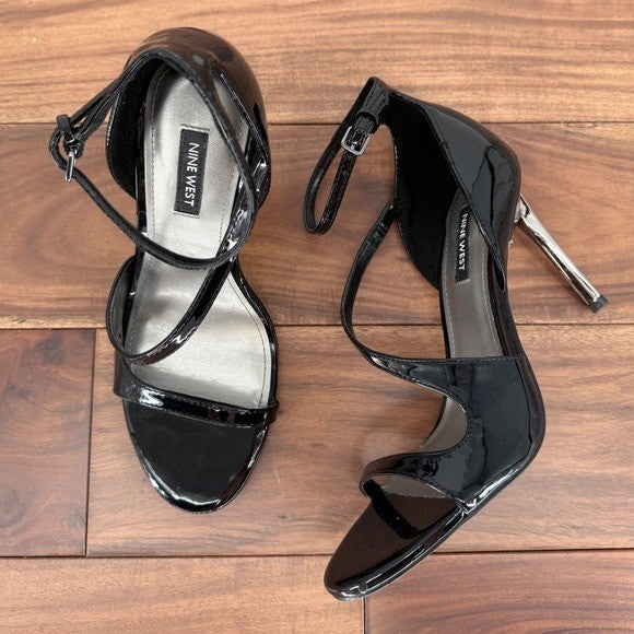 Nine West Black Patent Leather Ankle Strap Stiletto Heel Sandals Size 8M