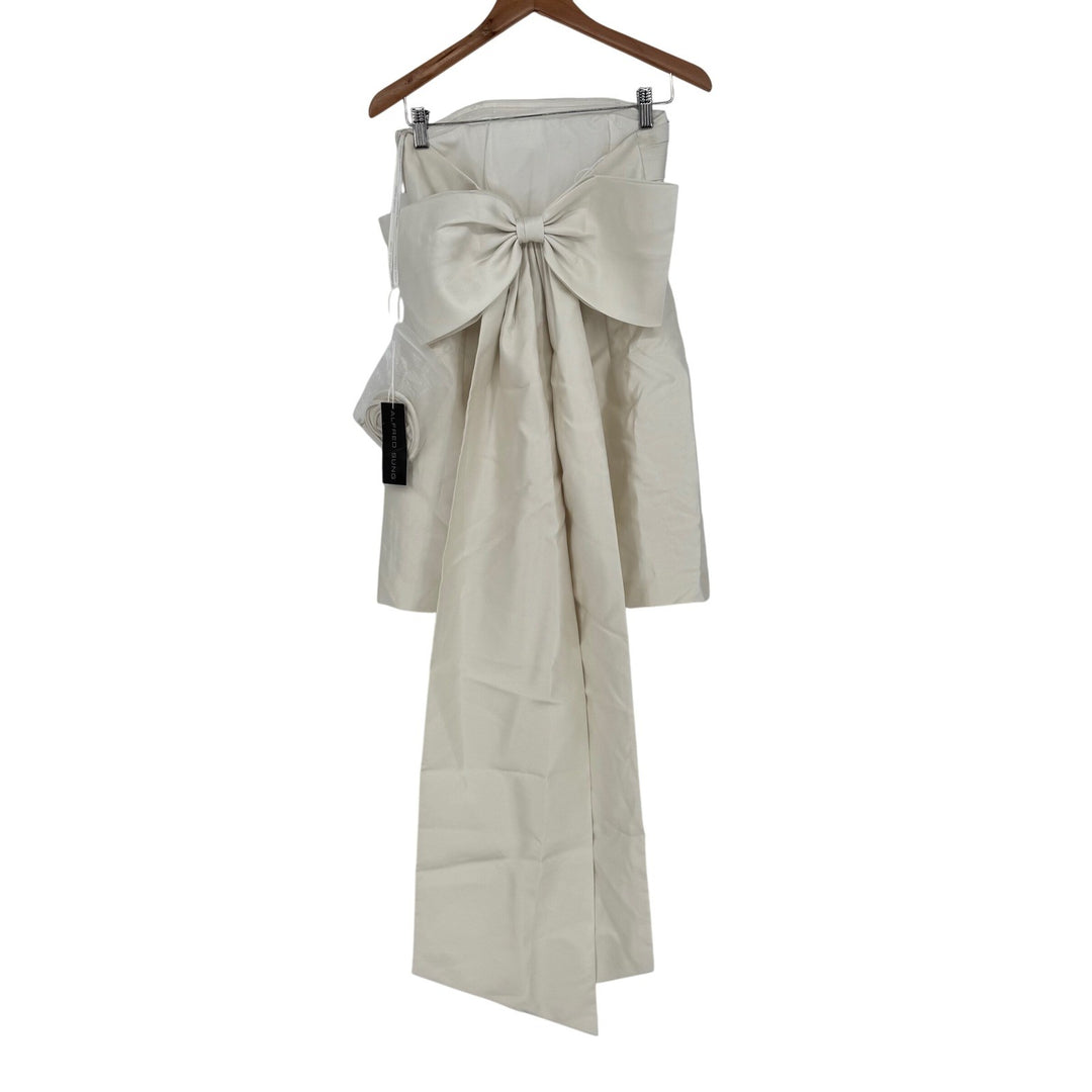 Alfred Sung Strapless Satin Column Mini Dress With Oversized Bow In Ivory Size 4