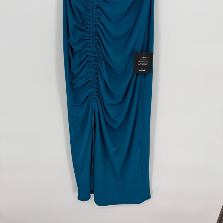 Lulus Eliska Teal Blue Slinky Drawstring Ruched Strapless Midi Dress Size S