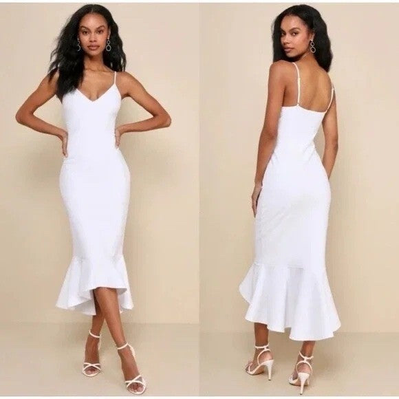 Lulus Stun Like Me White Bodycon Trumpet Hem Midi Dress Size M