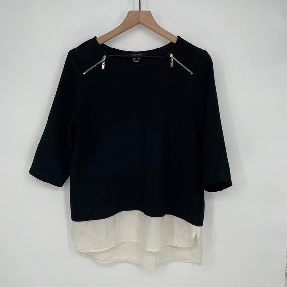 Atmosphere Black Cream Layered Top Gold Zipper Detail 3/4 Sleeve Size 6