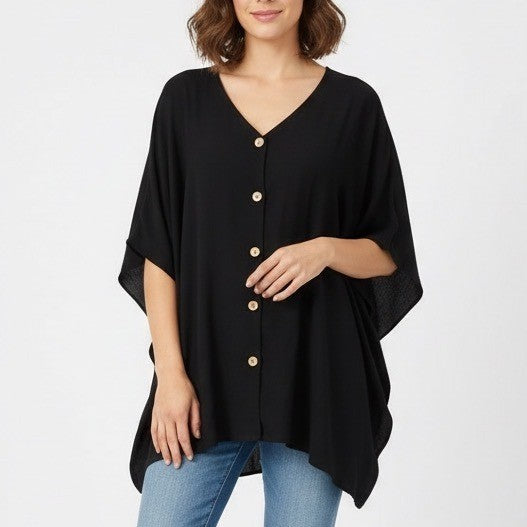 AiMage Black Kaftan Tunic Top Oversized Button Front V Neck XL