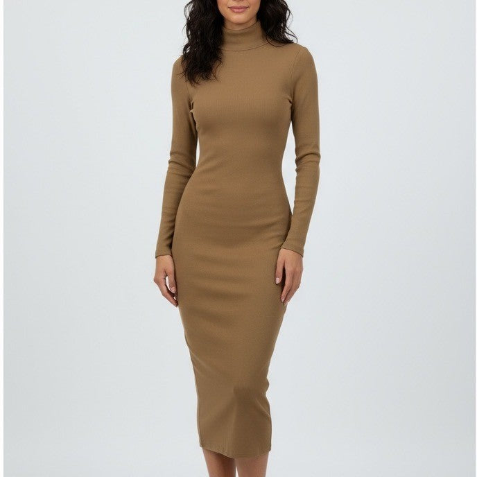 AG Adriano Goldschmied Ribbed Knit Turtleneck Midi Dress Camel Brown Size S