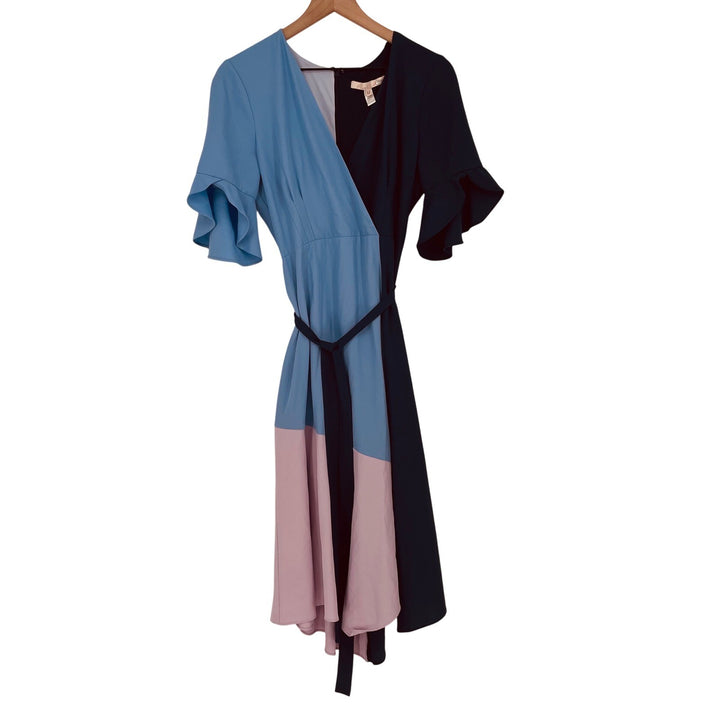 Hutch Colorblock Wrap Dress Navy Blue Light Blue Pink Flutter Sleeve Belted M