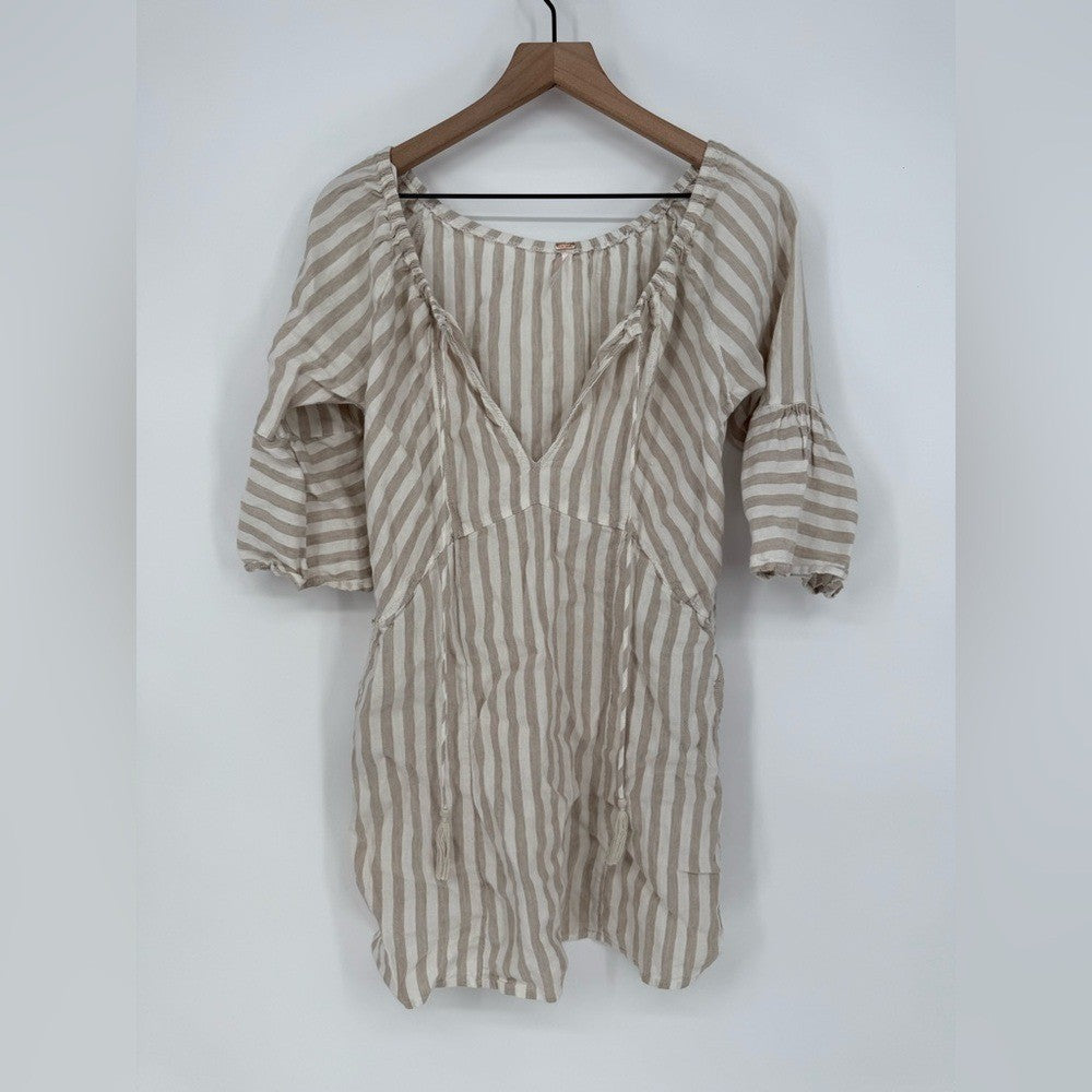 Free People Folk Town Linen Off-Shoulder Striped Mini Dress Size XS