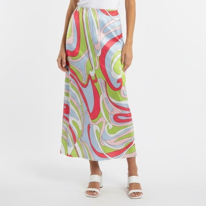 KOLLYY Retro Swirl Print Maxi Skirt Women's Size L Flowy Boho Vacation