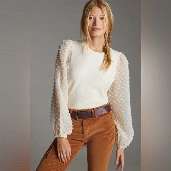 Maeve by Anthropologie Textured Puff Sleeve Top Ivory XXS