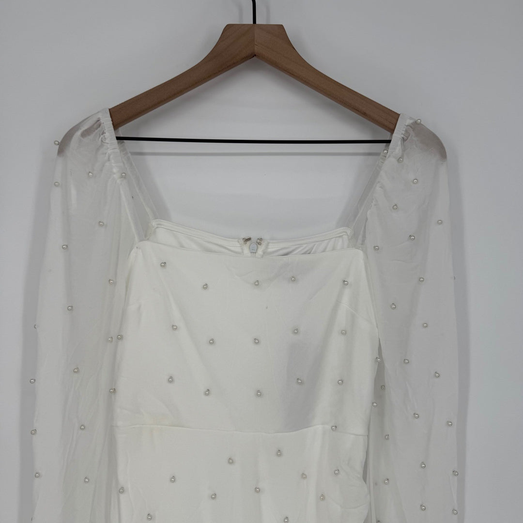 Lulus Admirably Divine White Mesh Pearl Long Sleeve Mini Dress Size S