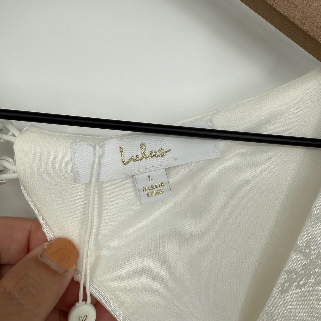 Lulus Loveliest Dream White Satin Jacquard Backless Mermaid Maxi Dress Size L