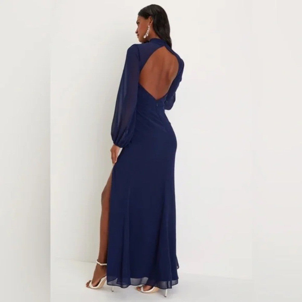Lulus Graceful Entrance Navy Blue Long Sleeve Backless Maxi Dress Size L
