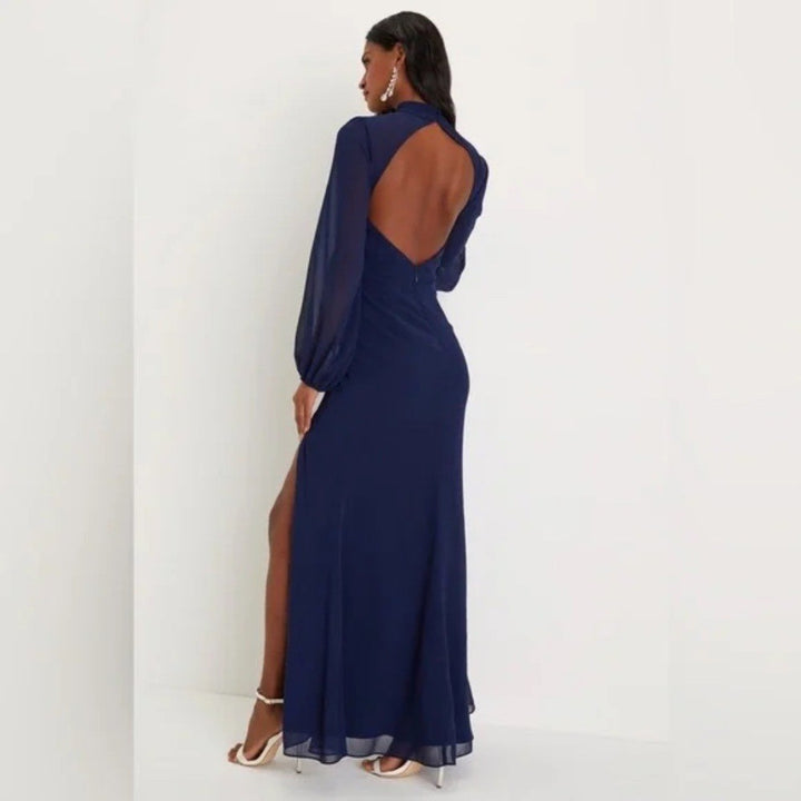 Lulus Graceful Entrance Navy Blue Long Sleeve Backless Maxi Dress Size L