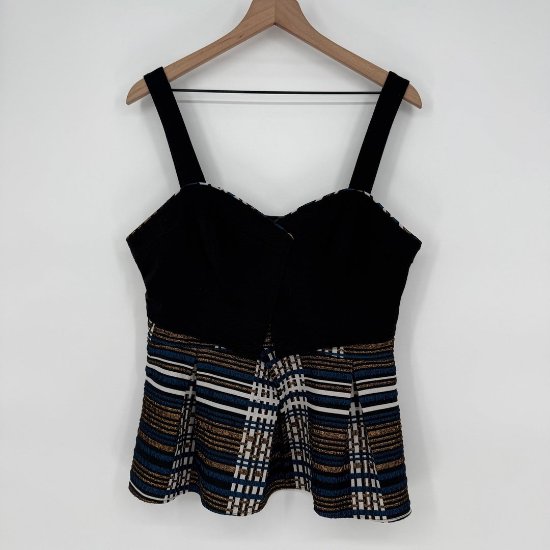 Anthropologie Deletta Nathalie Peplum Top Black Pleated Stripes Plaid Size L