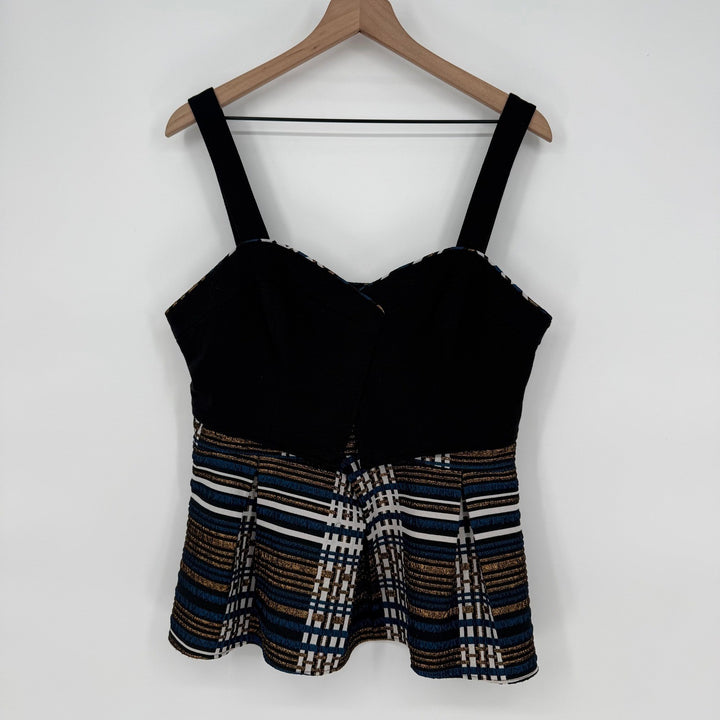Anthropologie Deletta Nathalie Peplum Top Black Pleated Stripes Plaid Size L
