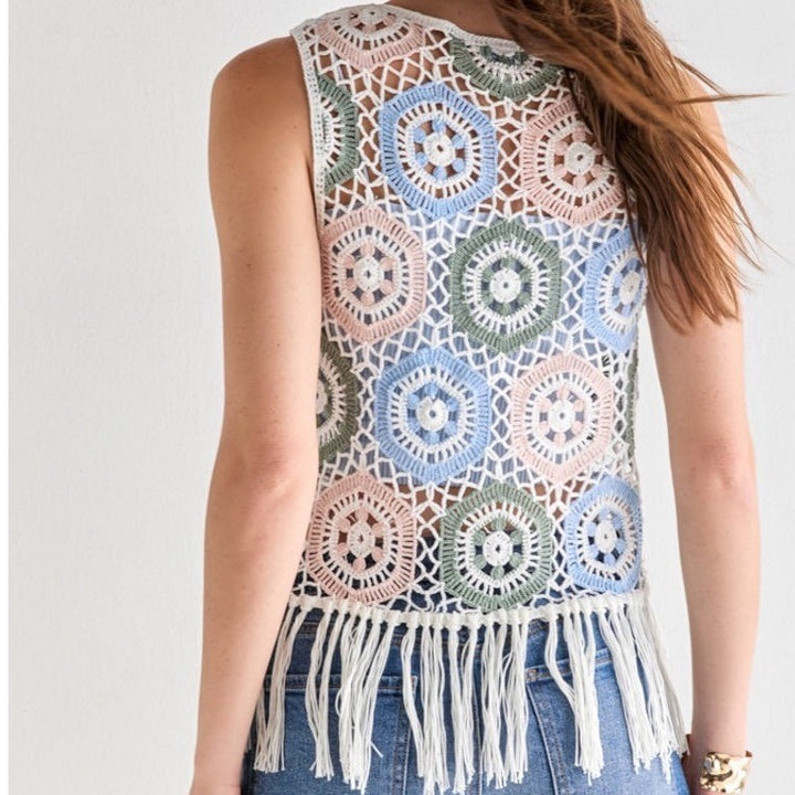 Blue Rain Francesca's Kassandra Crochet Fringe Tank Top Pink Blue Green Large