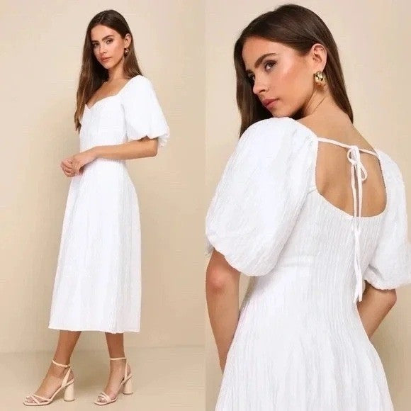 Lulus Stylish Merriment White Puff Sleeve Embroidered Midi Dress Size M