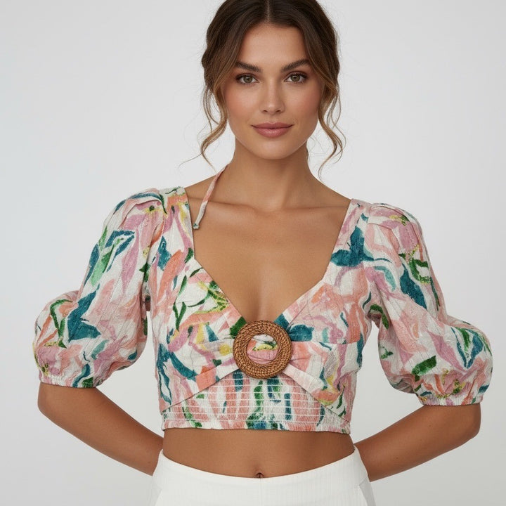 RAHI New Maui Chantal Top Floral Print Tie Back Woven Ring Cropped XL