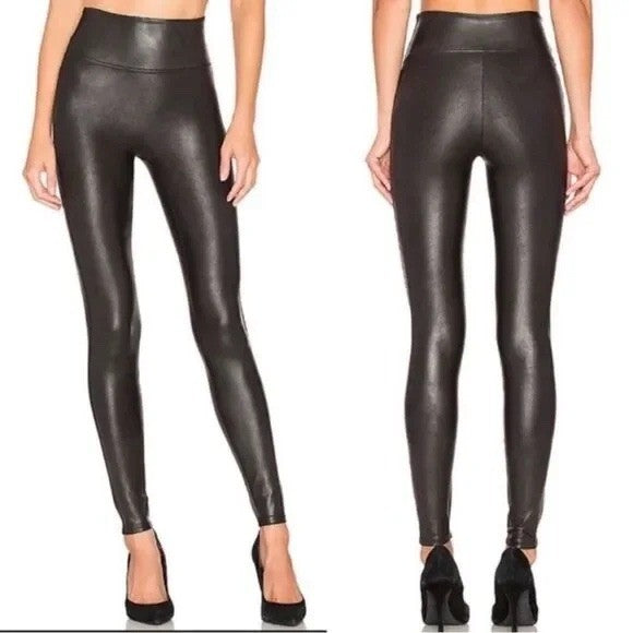 SPANX Faux Leather Velvet Leggings Black High Waisted Athleisure Size L