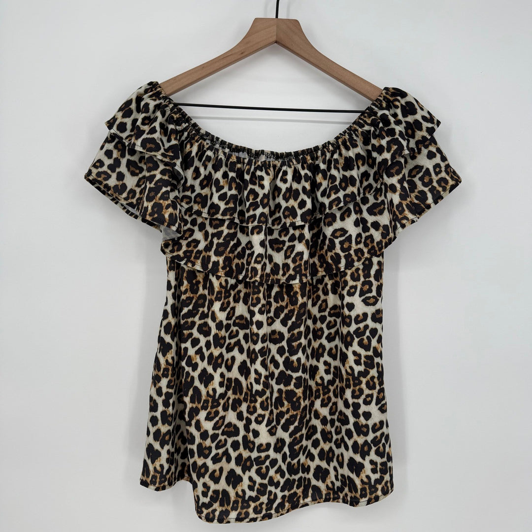 Womens Hibluco Leopard Print Off Shoulder Ruffle Top Shirt Size L