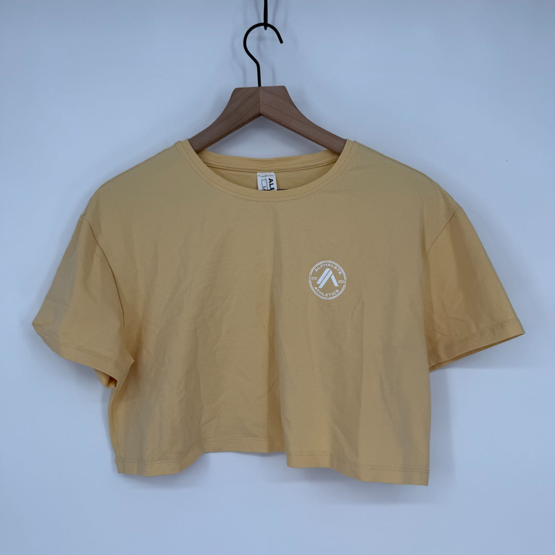 Alphalete Cropped Tee Shirt Womens Large Beige Logo Cotton Stretch Everyday Wear