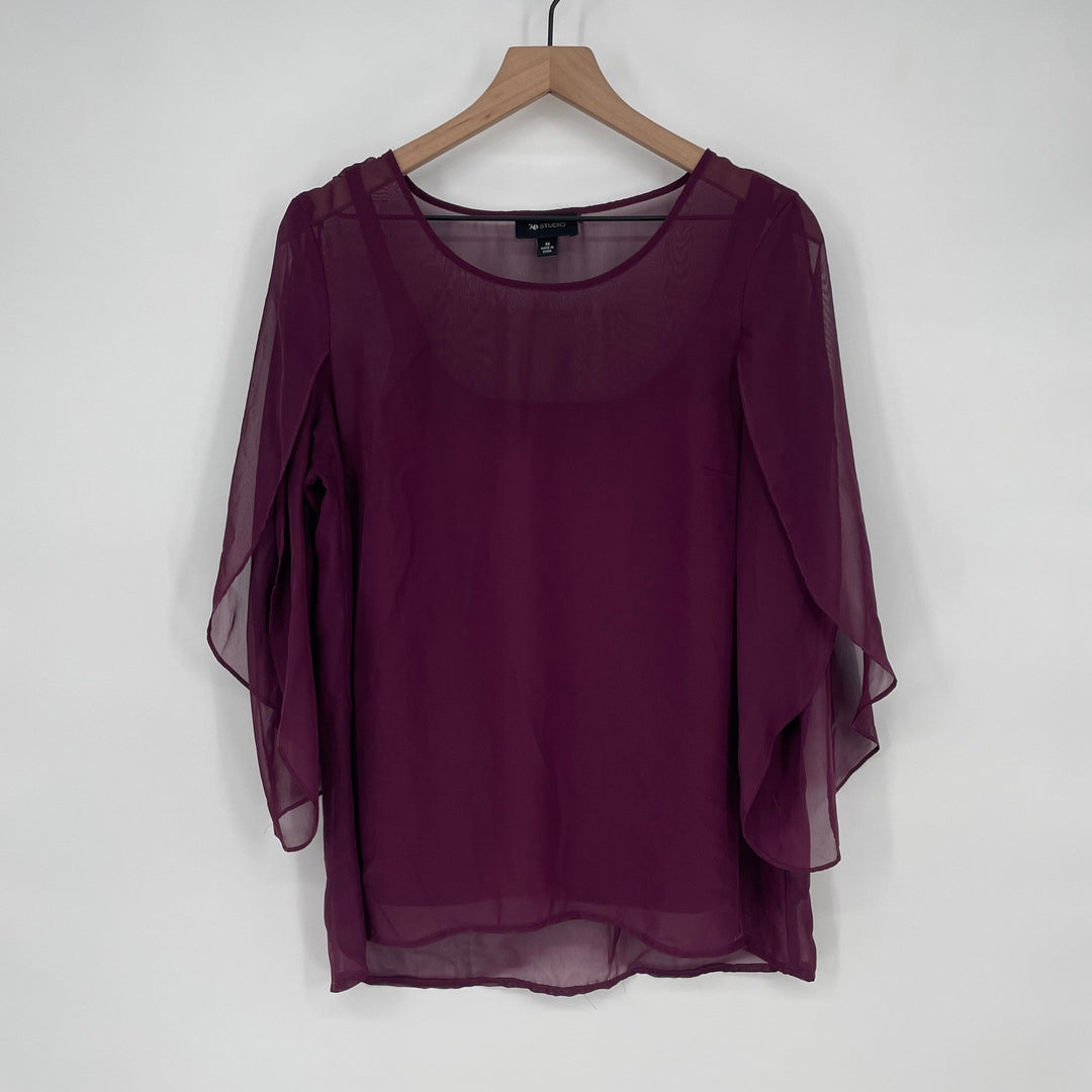 AB Studio Plum Purple Sheer Flutter Sleeve Top Size Medium