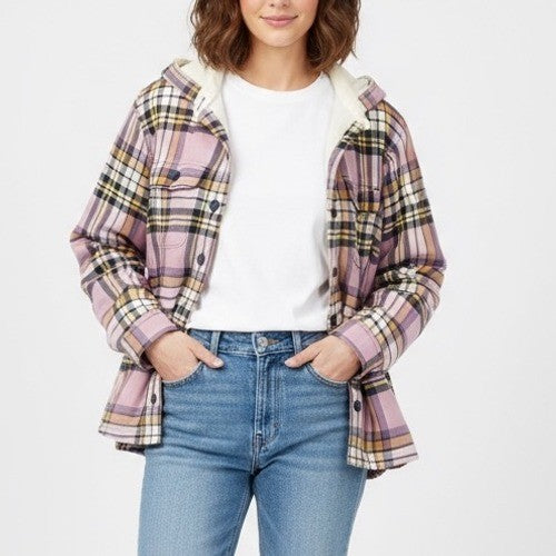 LLBean Sherpa Lined Plaid Flannel Shirt Jacket Hoodie XS