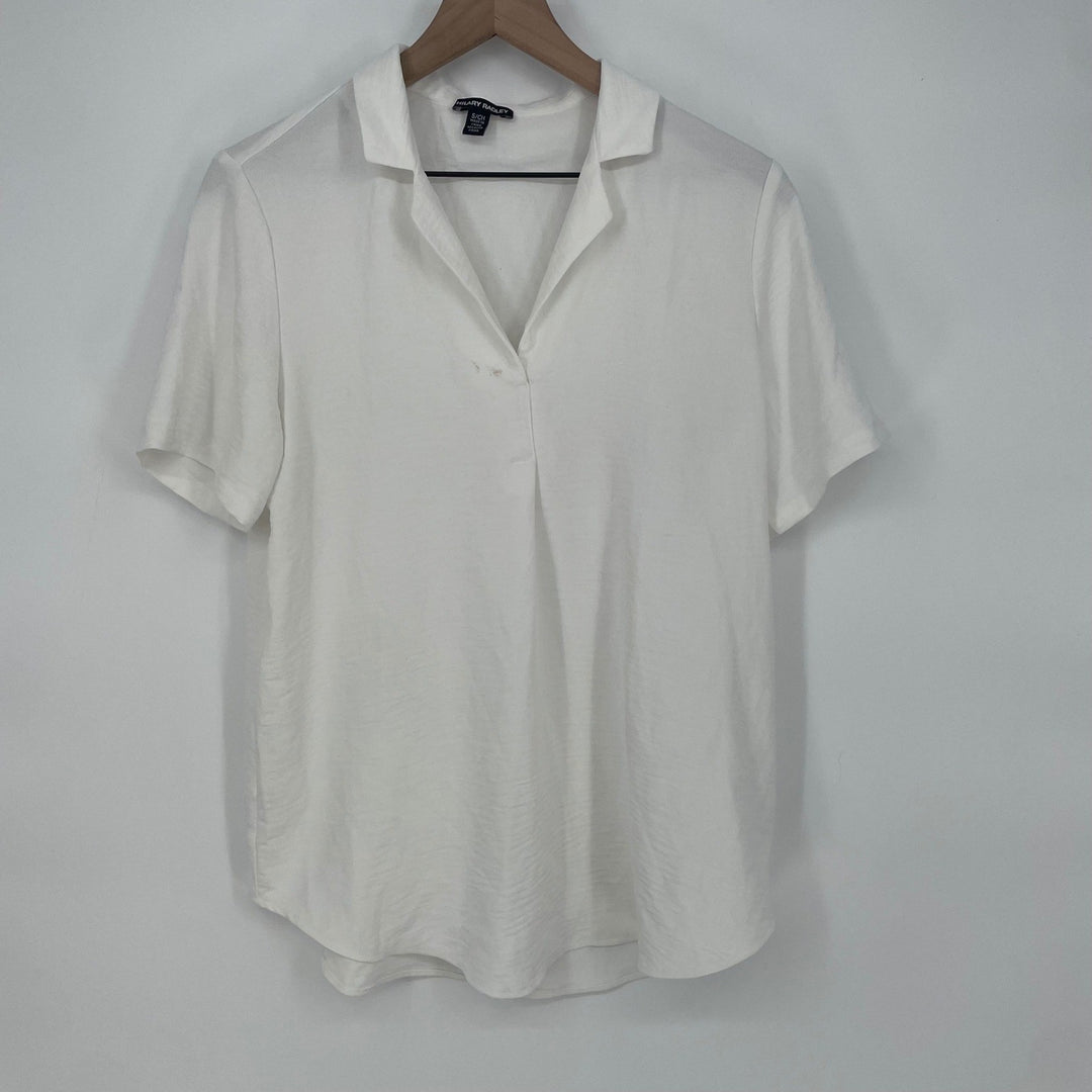 Hilary Radley White Short Sleeve Collared V Neck Blouse Top Size S
