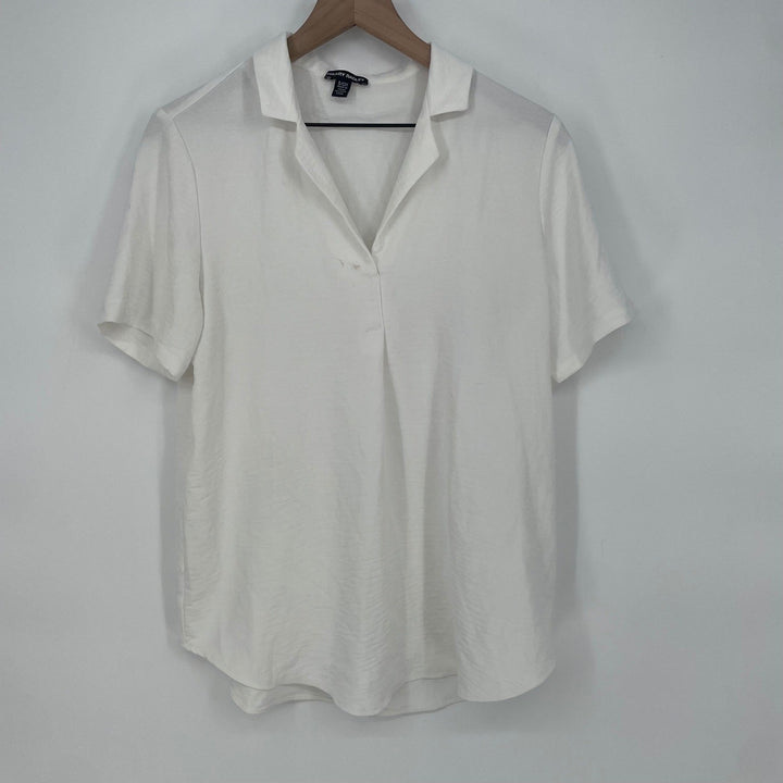 Hilary Radley White Short Sleeve Collared V Neck Blouse Top Size S