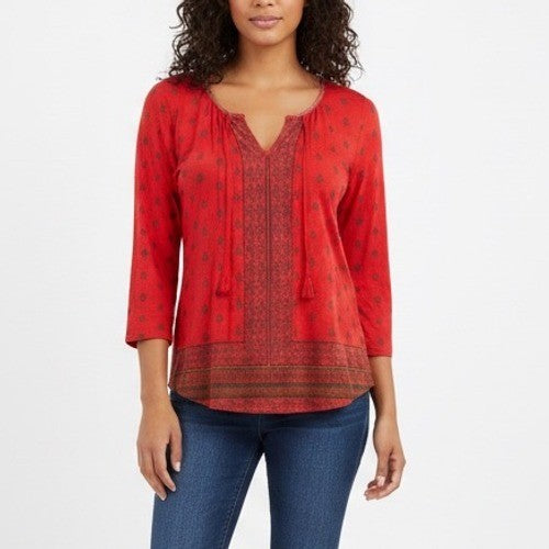 Lucky Brand Red Floral Print Tassel V Neck Long Sleeve Top Women's Size L