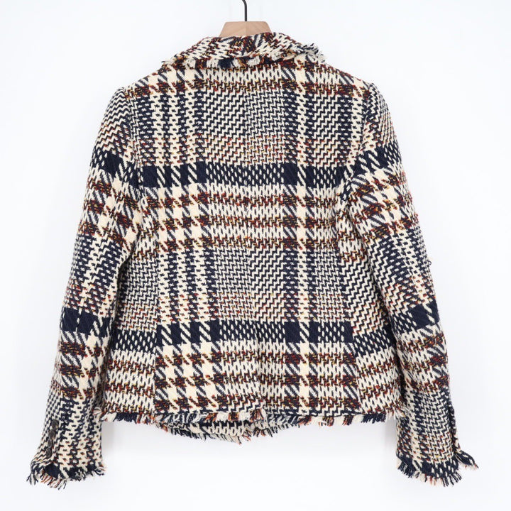 ANN TAYLOR Houndstooth Tweed Fringe Blazer Jacket Navy Cream Red Size 4