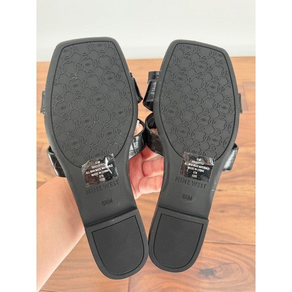 Nine West Black Croc Embossed Criss Cross Toe Ring Thong Sandals