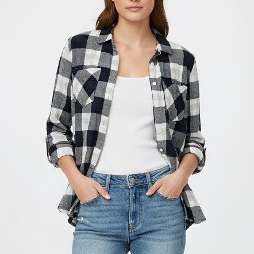 Thread & Supply Plaid Flannel Shirt Button Down Long Sleeve Navy Ivory M