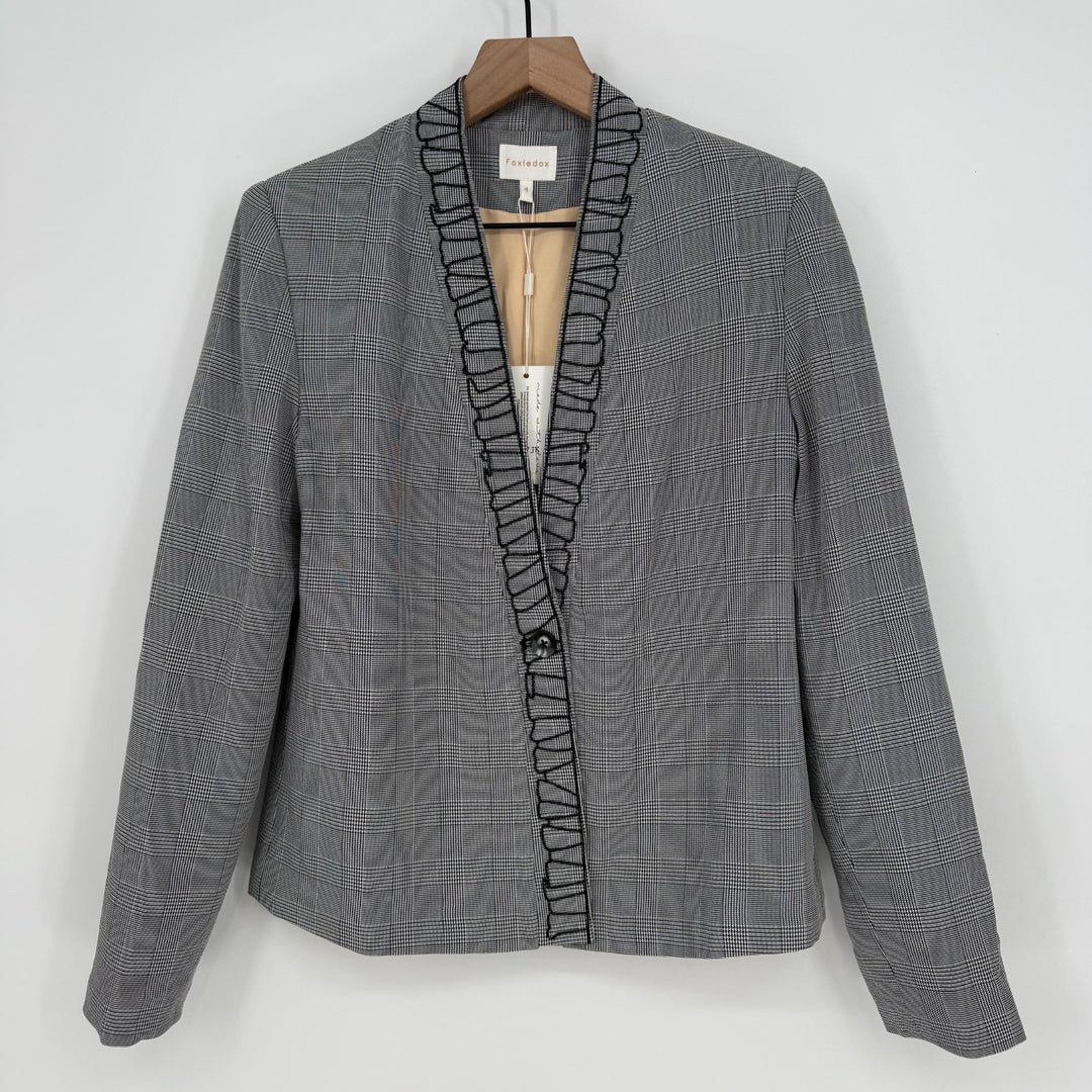 Foxiedox Blazer Jacket Womens 4 Gray Plaid Shawl Lapel Patchwork Lined Business