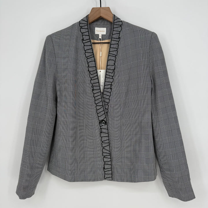 Foxiedox Blazer Jacket Womens 4 Gray Plaid Shawl Lapel Patchwork Lined Business