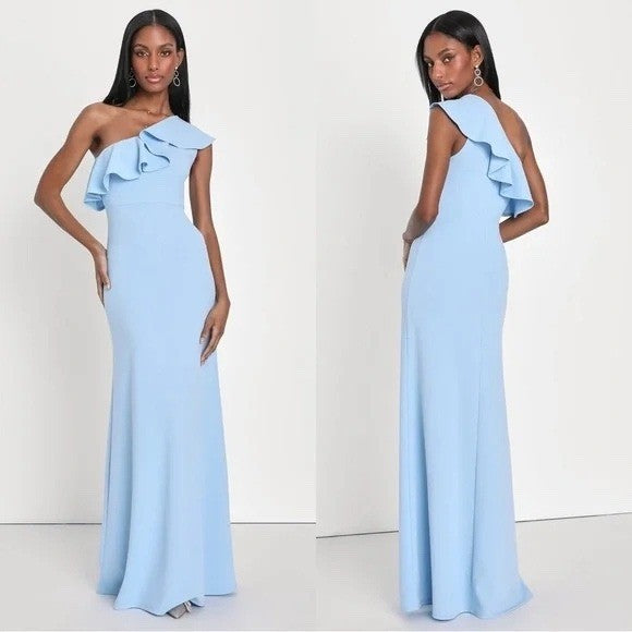 Lulus Last Forever Powder Blue One-Shoulder Ruffle Maxi Dress Size S