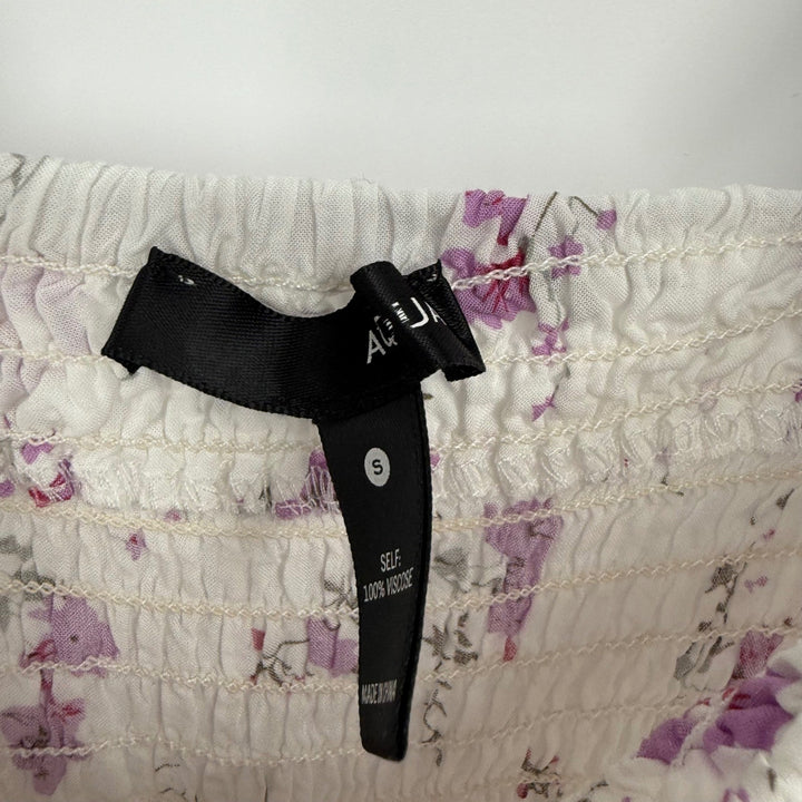 Aqua Maxi Dress Floral Print White Black Purple Smocked Bodice Tie Straps Size S