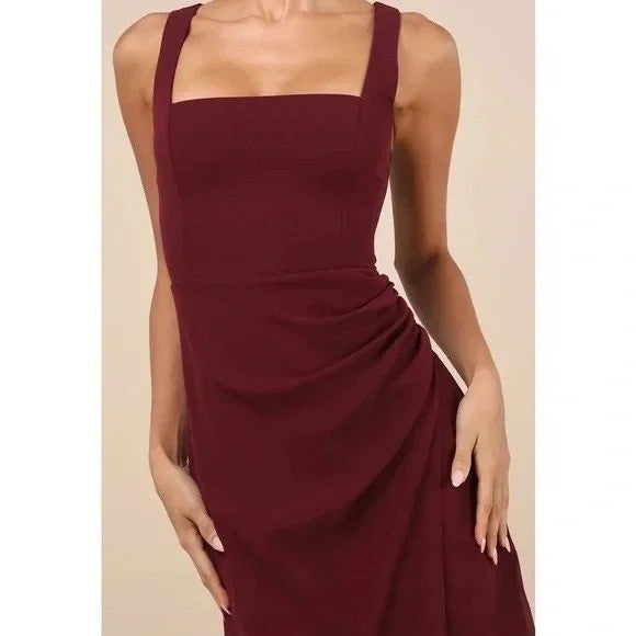 Lulus Rust Red Midi Dress Ruched Bodycon Tank Sleeveless Party Cocktail L