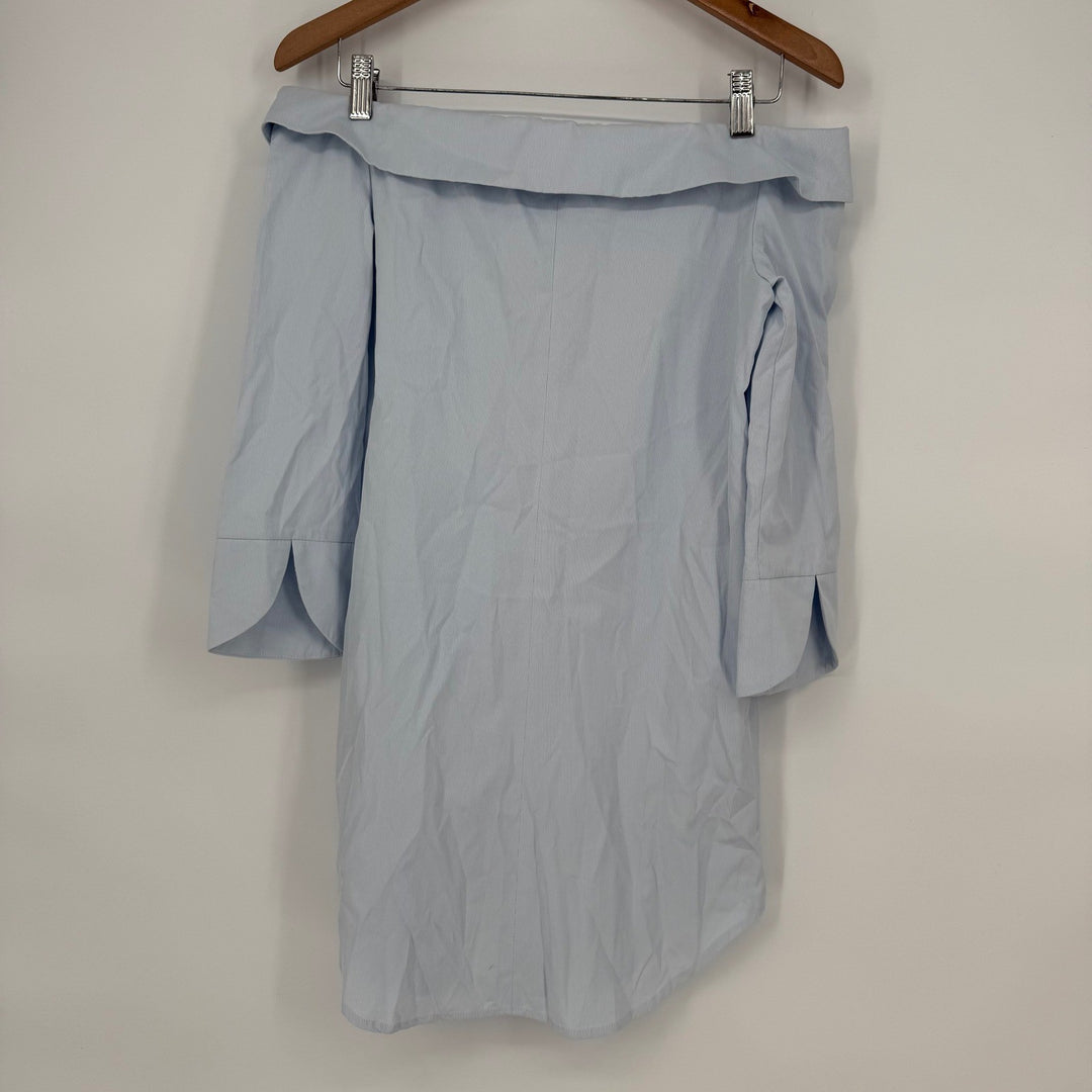English Factory Light Blue Pinstripe Off Shoulder Button Down Shirt Dress
