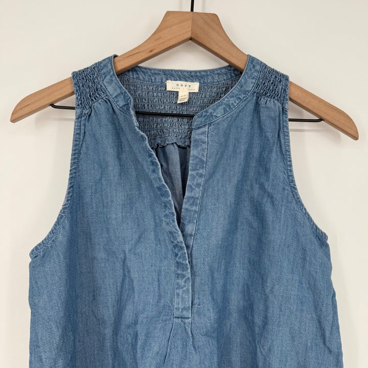 SOFT JOIE Chambray Denim Smocked Neck Sleeveless V-Neck Blouse Top XS
