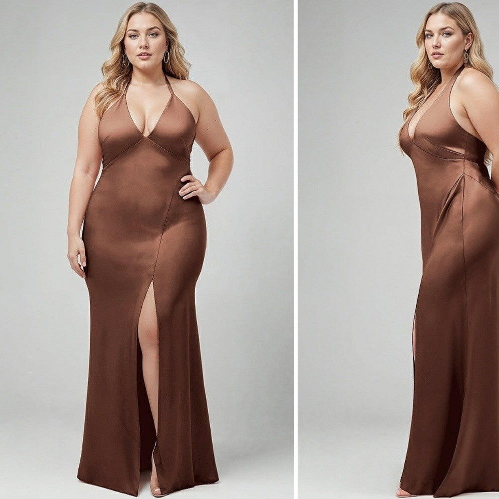 After Six Plunge Halter Open-Back Maxi Bias Dress Size M