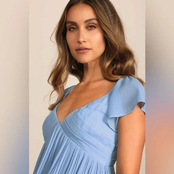 Lulus Amalfi Coast Light Blue Pleated Flutter Sleeve Mini Dress Size XS