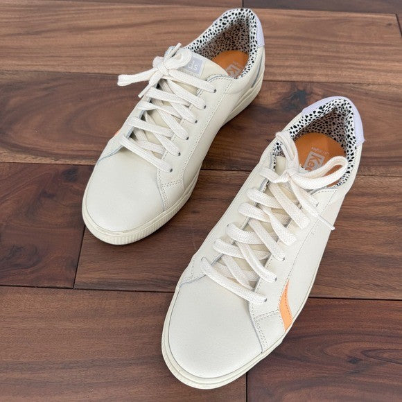 Keds Cream Leather Sneakers with Orange Stripe & Leopard Print Accent
