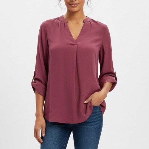 Soho New York & Company Jeans Mauve V Neck Roll Tab Sleeve Tunic Blouse Size S
