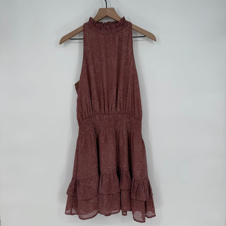 Olivia Grey Dress Animal Print Ruffle Mock Neck Sleeveless Mini Size M