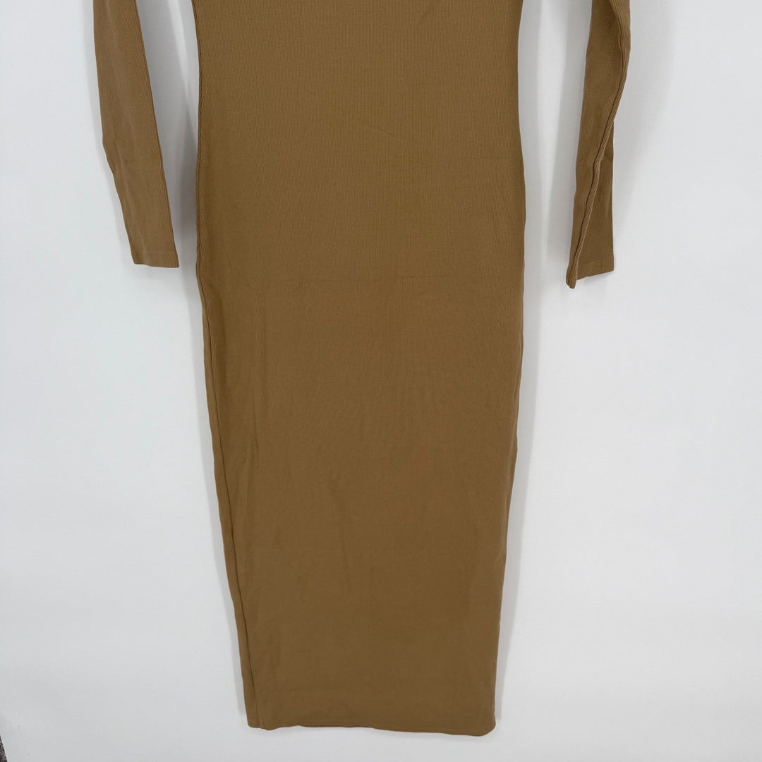 AG Adriano Goldschmied Ribbed Knit Turtleneck Midi Dress Camel Brown Size S